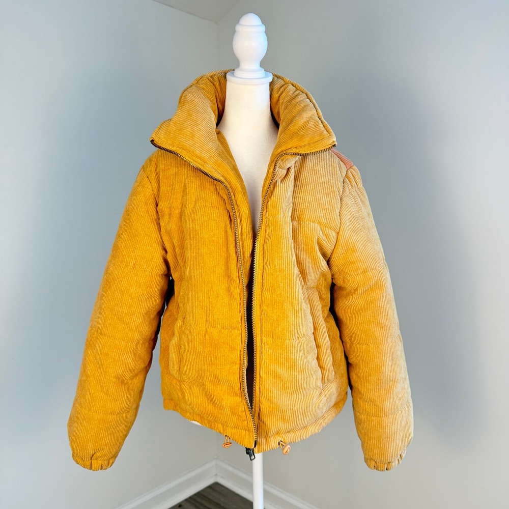 Ghanda Corduroy Puffer Jacket Women Medium Mustard Yellow Quilted Gorpcore Retro - Picture 4 of 11